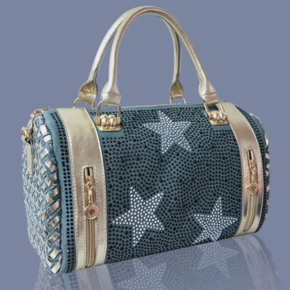 DAVISH - BAG EMBROIDED - DENIN N GOLD W/SHOULDER STRAPS NWT - Picture 1 of 3